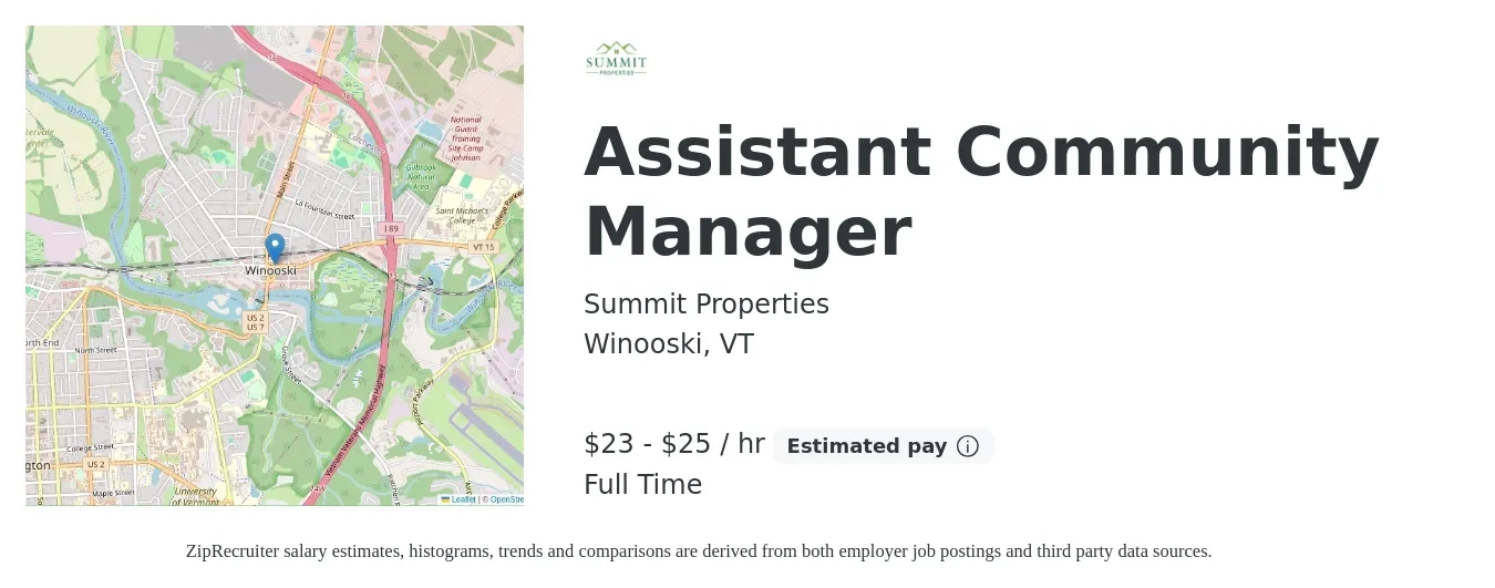 Summit Properties job posting for a Assistant Community Manager in Winooski, VT with a salary of $24 to $27 Hourly with a map of Winooski location.
