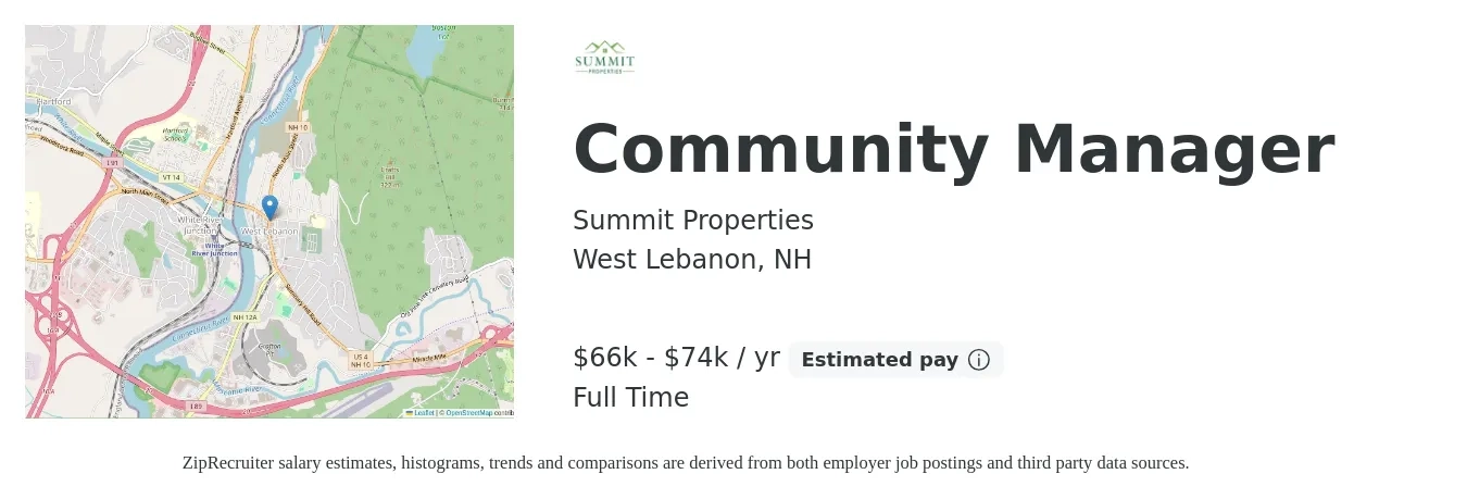 Summit Properties job posting for a Community Manager in West Lebanon, NH with a salary of $66,000 to $74,000 Yearly with a map of West Lebanon location.
