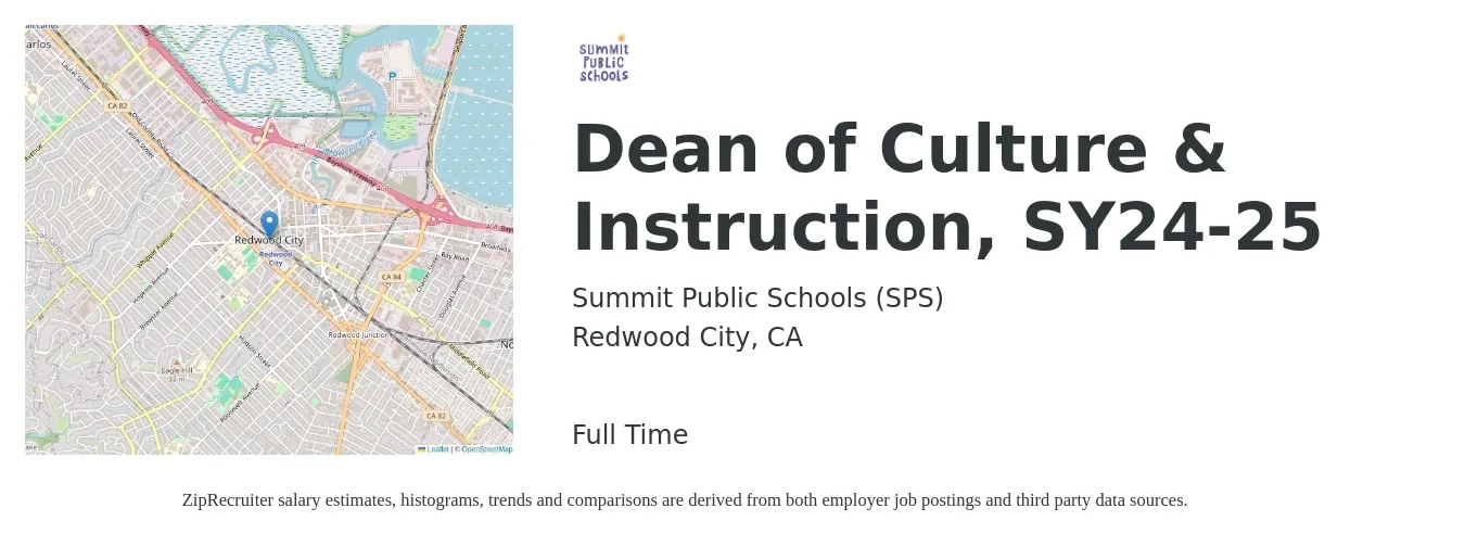 Summit Public Schools (SPS) job posting for a Dean of Culture & Instruction, SY24-25 in Redwood City, CA with a salary of $75,900 to $132,200 Yearly with a map of Redwood City location.