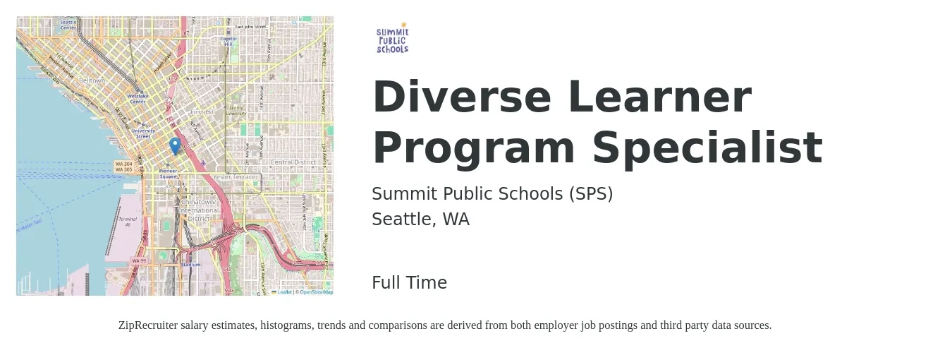 Summit Public Schools job posting for a Diverse Learner Program Specialist in Seattle, WA with a salary of $56,900 to $116,600 Yearly with a map of Seattle location.