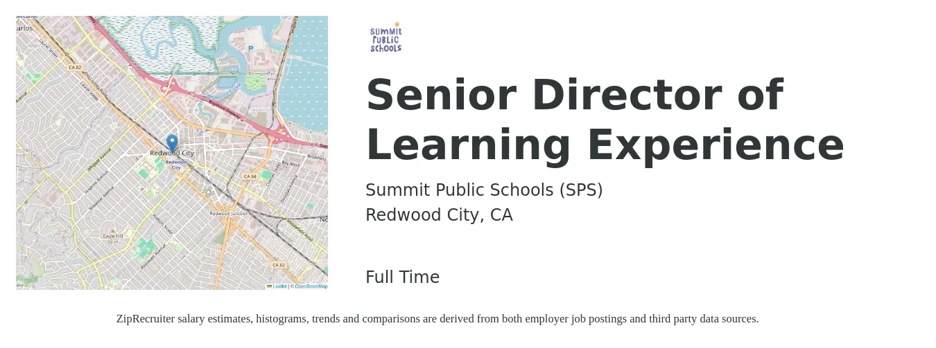 Summit Public Schools (SPS) job posting for a Senior Director of Learning Experience in Redwood City, CA with a salary of $126,700 to $194,100 Yearly with a map of Redwood City location.