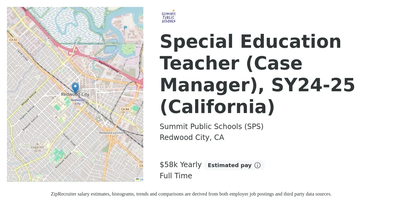 Summit Public Schools (SPS) job posting for a Special Education Teacher (Case Manager), SY24-25 (California) in Redwood City, CA with a salary of $61,200 to $80,800 Yearly with a map of Redwood City location.