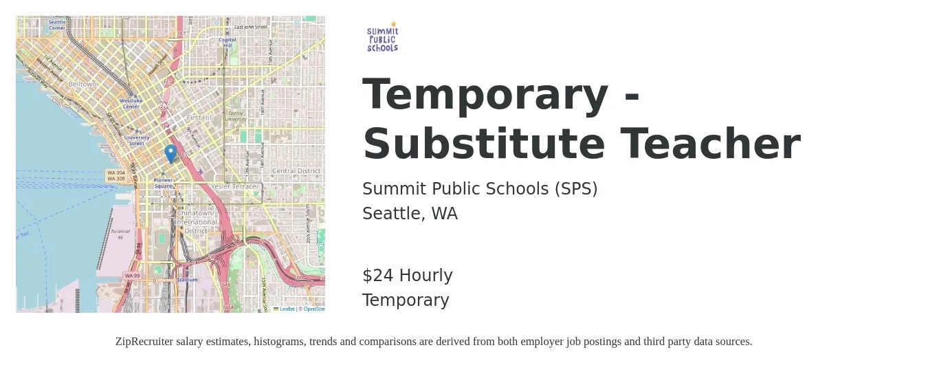 Summit Public Schools (SPS) job posting for a Temporary - Substitute Teacher in Seattle, WA with a salary of $25 Hourly with a map of Seattle location.