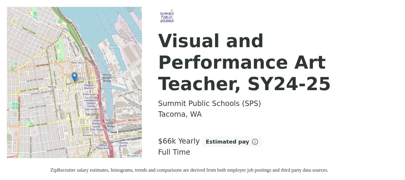 Summit Public Schools (SPS) job posting for a Visual and Performance Art Teacher, SY24-25 in Tacoma, WA with a salary of $52,600 to $67,100 Yearly with a map of Tacoma location.