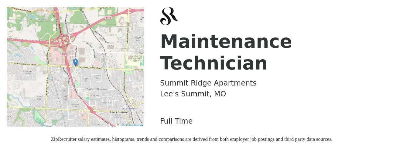 Summit Ridge Apartments job posting for a Maintenance Technician in Lee's Summit, MO with a salary of $19 to $26 Hourly with a map of Lee's Summit location.