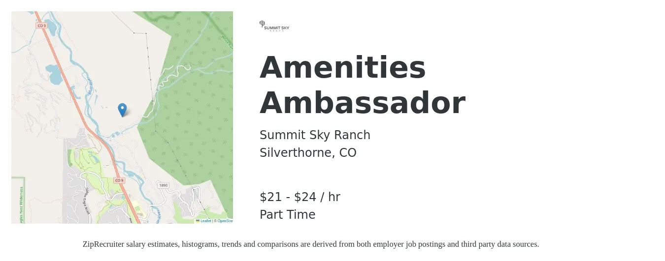 Summit Sky Ranch job posting for a Amenities Ambassador in Silverthorne, CO with a salary of $22 to $25 Hourly with a map of Silverthorne location.