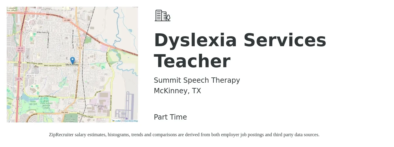 Summit Speech Therapy job posting for a Dyslexia Services Teacher in McKinney, TX with a salary of $30,200 to $51,400 Yearly with a map of McKinney location.