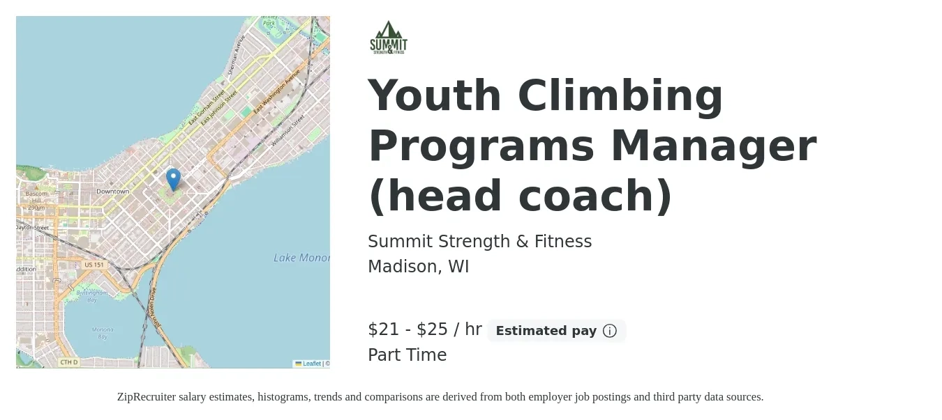 Summit Strength & Fitness job posting for a Youth Climbing Programs Manager (head coach) in Madison, WI with a salary of $22 to $26 Hourly with a map of Madison location.