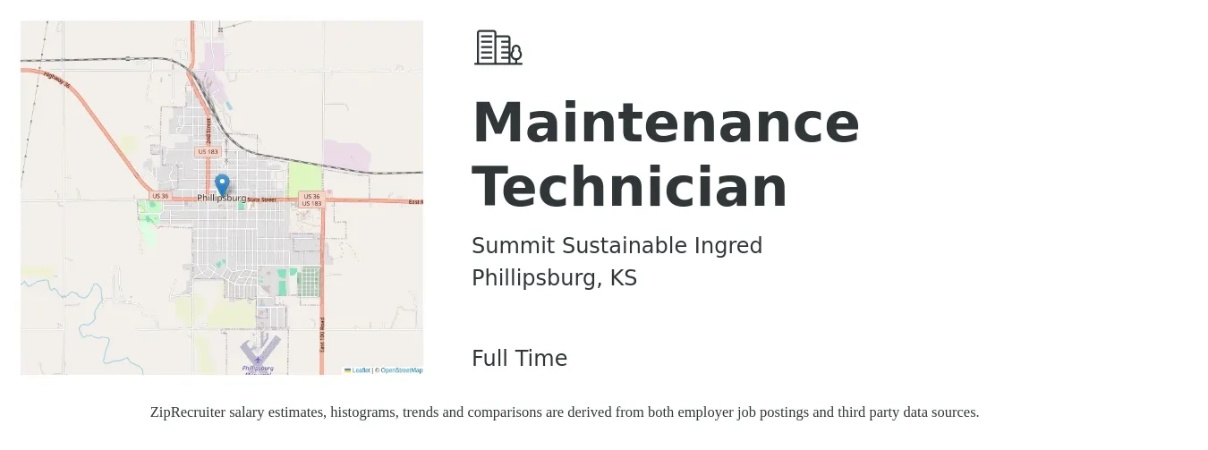 Summit Sustainable Ingred job posting for a Maintenance Technician in Phillipsburg, KS with a salary of $18 to $26 Hourly with a map of Phillipsburg location.