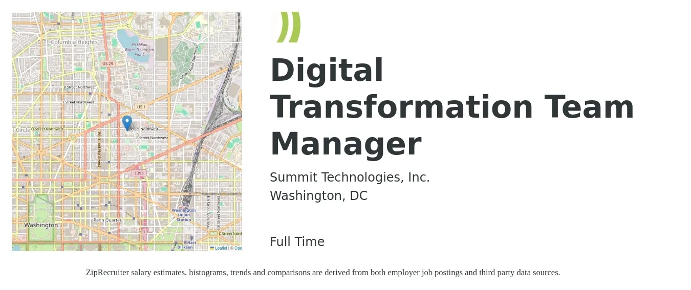 Summit Technologies, Inc. job posting for a Digital Transformation Team Manager in Washington, DC with a salary of $95,300 to $154,600 Yearly with a map of Washington location.