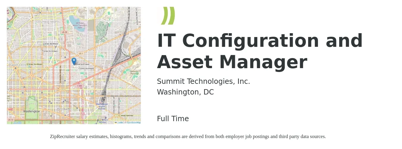 Summit Technologies, Inc. job posting for a IT Configuration and Asset Manager in Washington, DC with a salary of $85,800 to $126,400 Yearly with a map of Washington location.