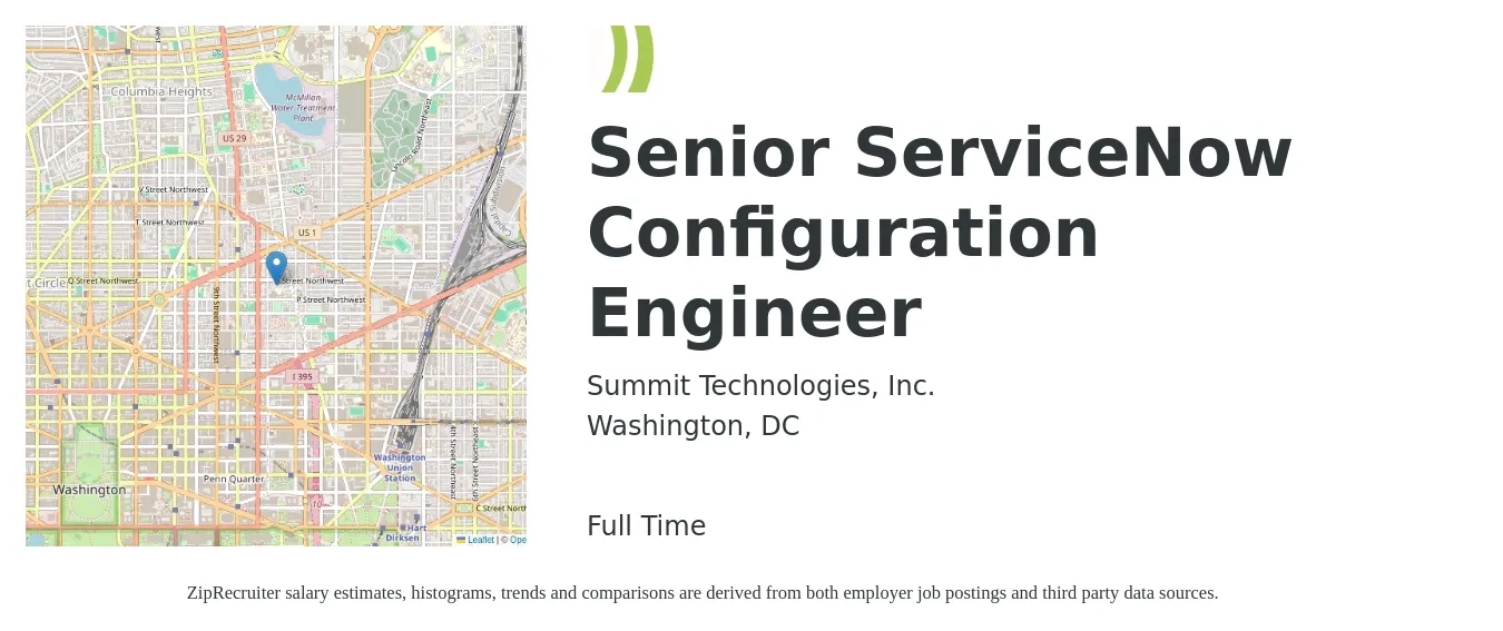 Summit Technologies, Inc. job posting for a Senior ServiceNow Configuration Engineer in Washington, DC with a salary of $112,800 to $201,400 Yearly with a map of Washington location.