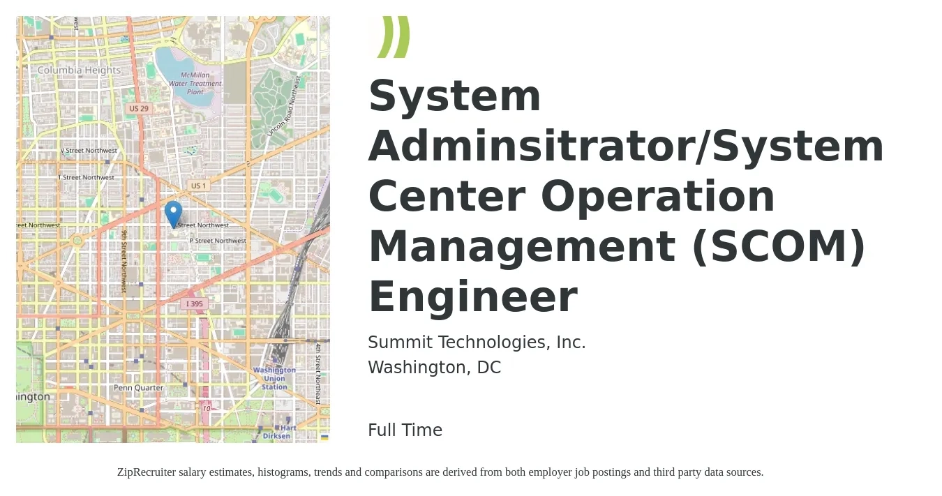 Summit Technologies, Inc. job posting for a System Adminsitrator/System Center Operation Management (SCOM) Engineer in Washington, DC with a salary of $110,600 to $177,200 Yearly with a map of Washington location.