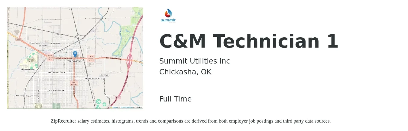 Summit Utilities Inc job posting for a C&M Technician 1 in Chickasha, OK with a salary of $16 to $22 Hourly with a map of Chickasha location.