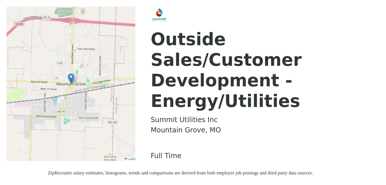 Summit Utilities Inc job posting for a Outside Sales/Customer Development - Energy/Utilities in Mountain Grove, MO with a salary of $46,100 to $79,100 Yearly with a map of Mountain Grove location.