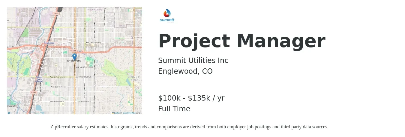 Summit Utilities Inc job posting for a Project Manager in Englewood, CO with a salary of $100,000 to $135,000 Yearly with a map of Englewood location.