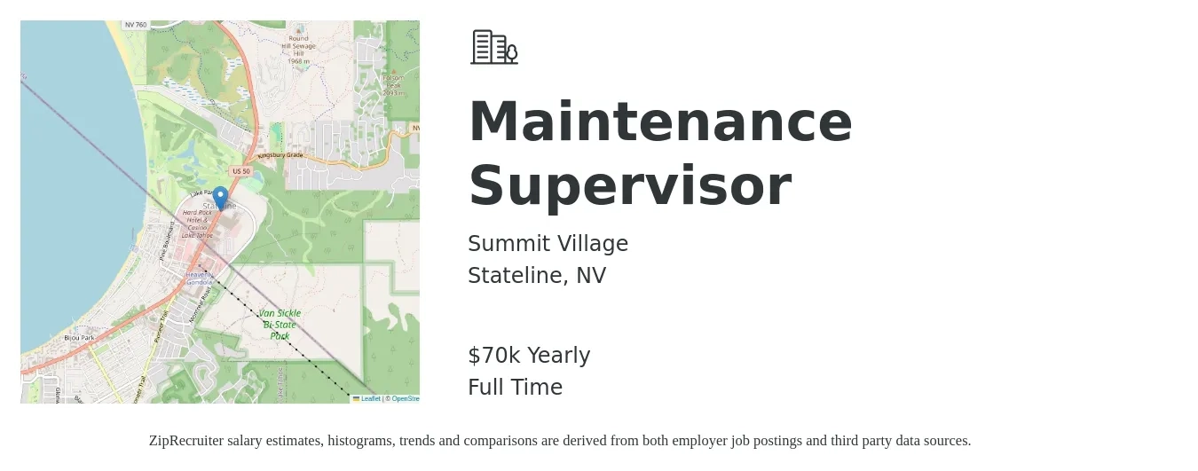 Summit Village job posting for a Maintenance Supervisor in Stateline, NV with a salary of $70,000 Yearly with a map of Stateline location.