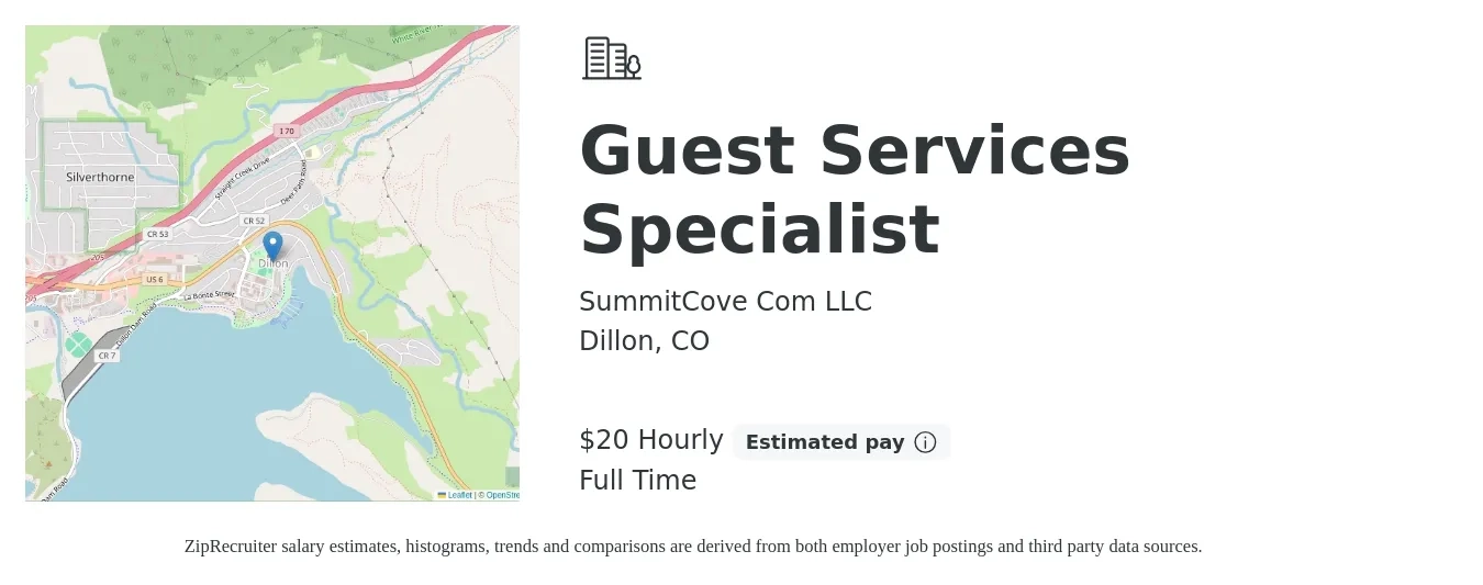 SummitCove Com LLC job posting for a Guest Services Specialist in Dillon, CO with a salary of $21 Hourly with a map of Dillon location.