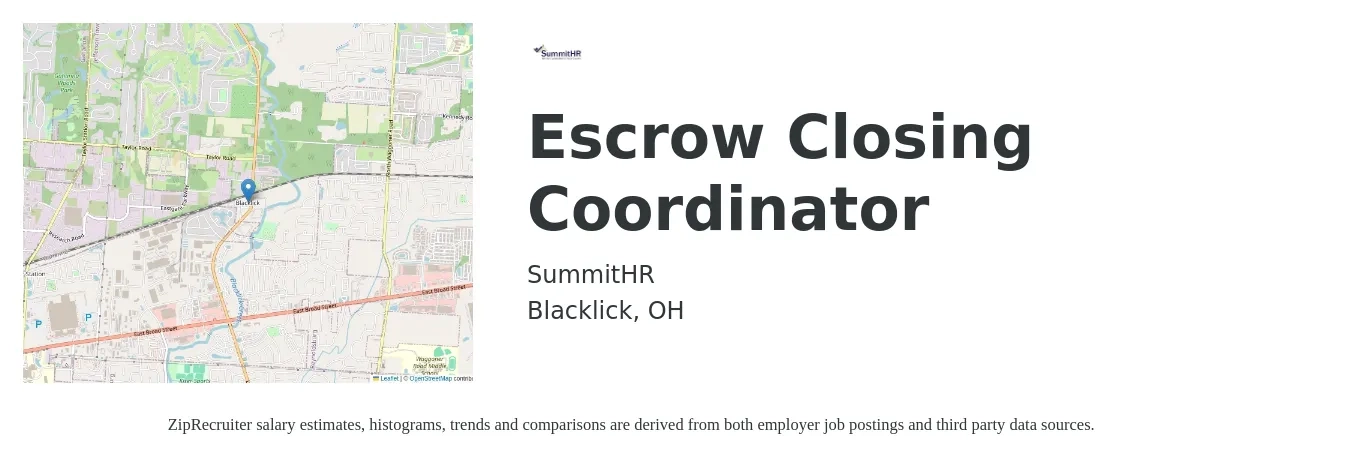 SummitHR job posting for a Escrow Closing Coordinator in Blacklick, OH with a salary of $18 to $23 Hourly with a map of Blacklick location.