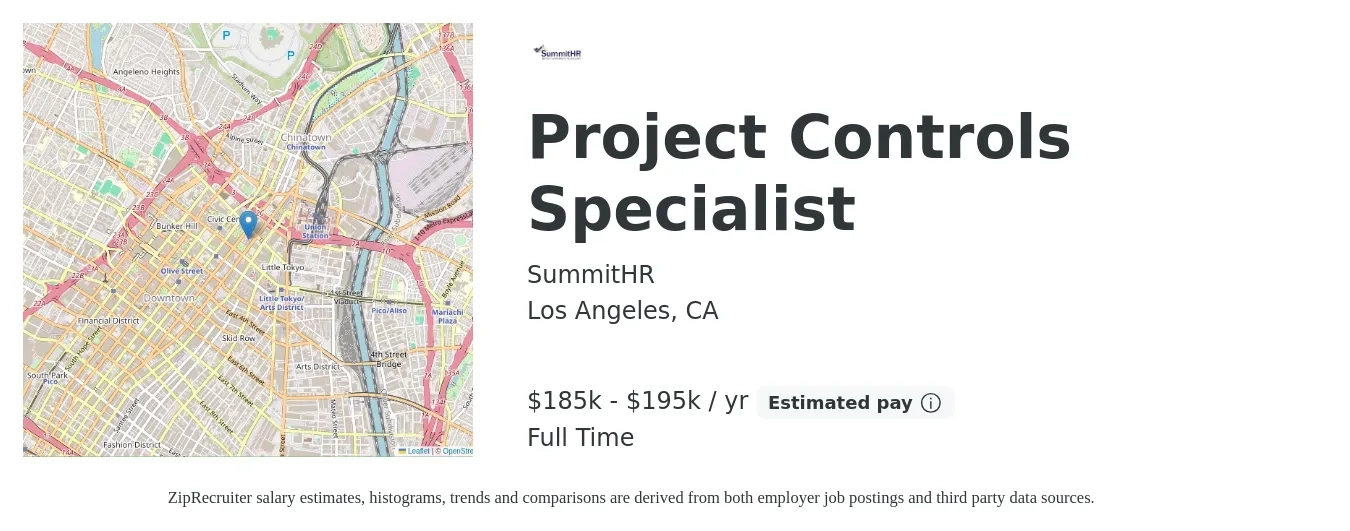 SummitHR job posting for a Project Controls Specialist in Los Angeles, CA with a salary of $185,000 to $195,000 Yearly with a map of Los Angeles location.