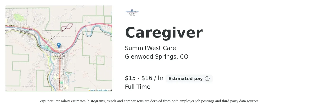 SummitWest Care job posting for a Caregiver in Glenwood Springs, CO with a salary of $16 to $17 Hourly with a map of Glenwood Springs location.