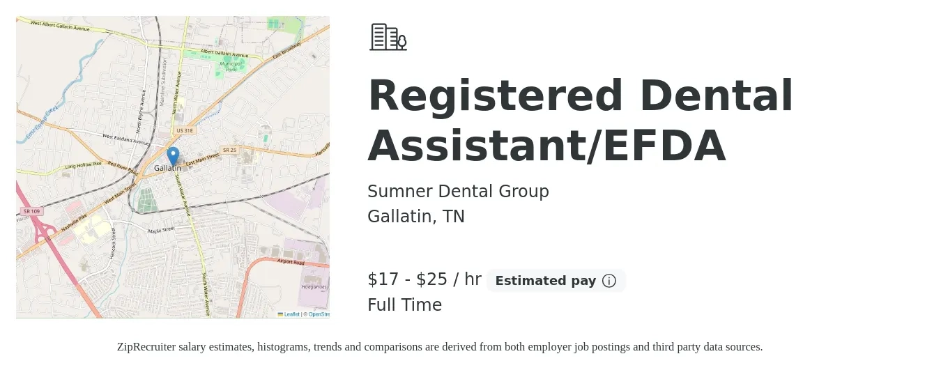 Sumner Dental Group job posting for a Registered Dental Assistant/EFDA in Gallatin, TN with a salary of $17 to $22 Hourly with a map of Gallatin location.