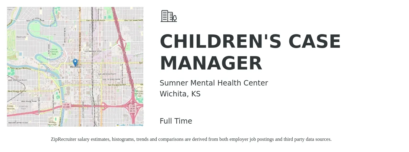 Sumner Mental Health Center job posting for a CHILDREN'S CASE MANAGER in Wichita, KS with a salary of $18 to $23 Hourly with a map of Wichita location.