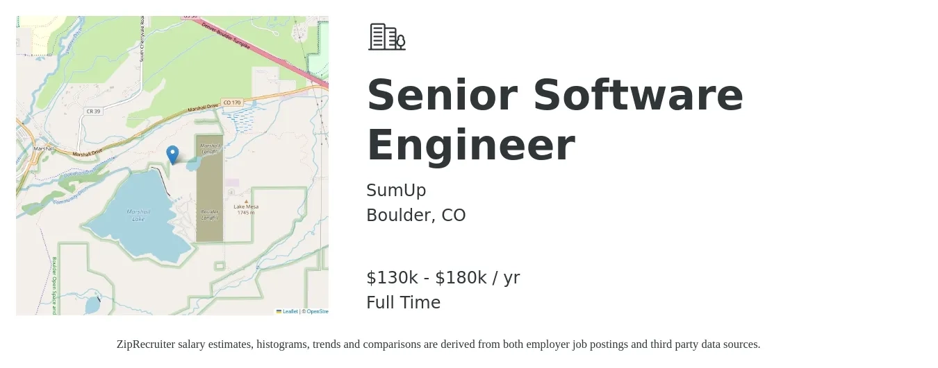 SumUp job posting for a Senior Software Engineer in Boulder, CO with a salary of $130,000 to $180,000 Yearly with a map of Boulder location.