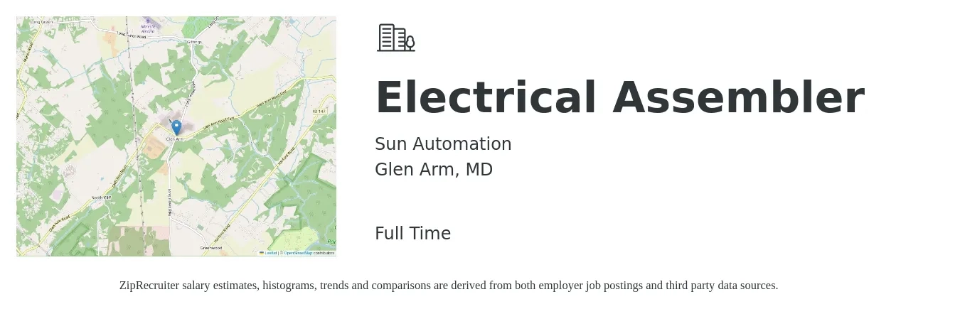 Sun Automation job posting for a Electrical Assembler in Glen Arm, MD with a salary of $16 to $21 Hourly with a map of Glen Arm location.