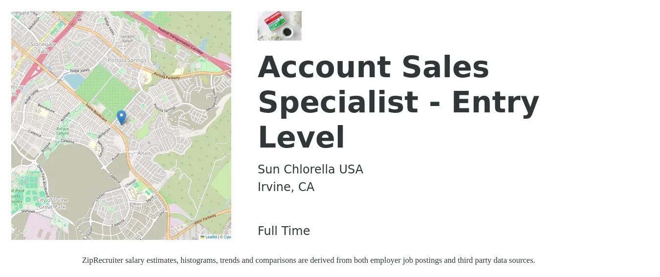 Sun Chlorella USA job posting for a Account Sales Specialist - Entry Level in Irvine, CA with a salary of $21 to $23 Hourly (plus commission) and benefits including pto, retirement, vision, dental, life_insurance, and medical with a map of Irvine location.
