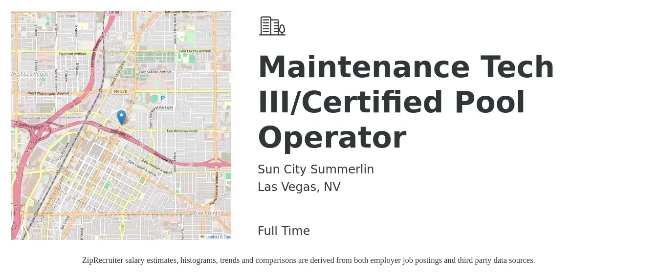Sun City Summerlin job posting for a Maintenance Tech III/Certified Pool Operator in Las Vegas, NV with a salary of $18 to $24 Hourly with a map of Las Vegas location.