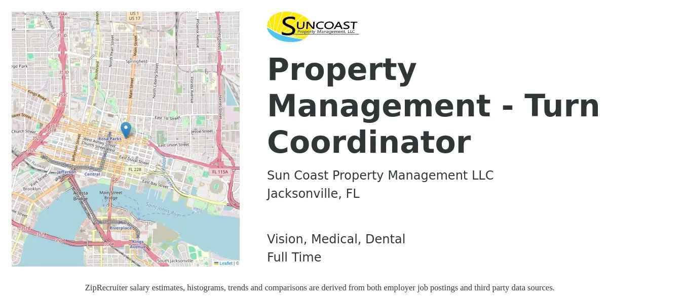 Sun Coast Property Management LLC job posting for a Property Management - Turn Coordinator in Jacksonville, FL with a salary of $39,400 to $55,600 Yearly and benefits including retirement, vision, dental, life_insurance, medical, and pto with a map of Jacksonville location.