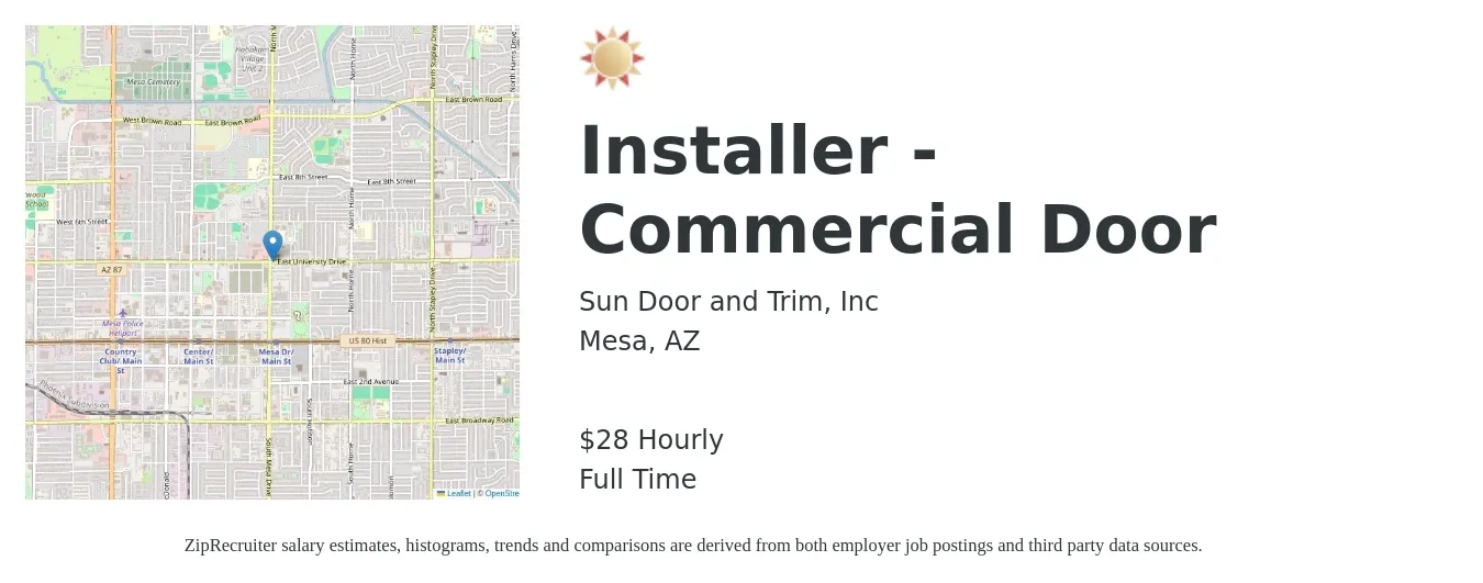 Sun Door and Trim, Inc job posting for a Installer - Commercial Door in Mesa, AZ with a salary of $30 Hourly with a map of Mesa location.
