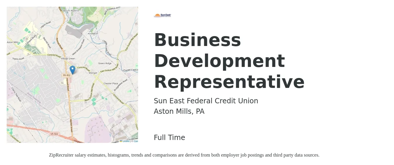 Sun East Federal Credit Union job posting for a Business Development Representative in Aston Mills, PA with a salary of $42,500 to $66,000 Yearly with a map of Aston Mills location.