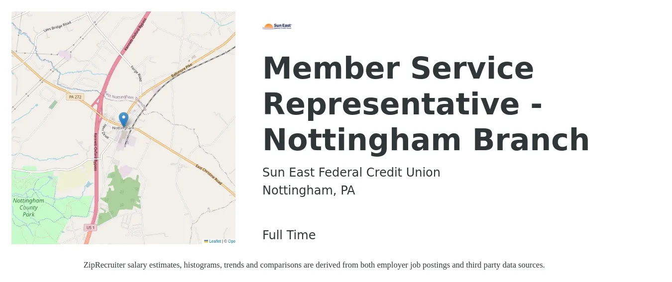 Sun East Federal Credit Union job posting for a Member Service Representative - Nottingham Branch in Nottingham, PA with a salary of $12 to $18 Hourly with a map of Nottingham location.