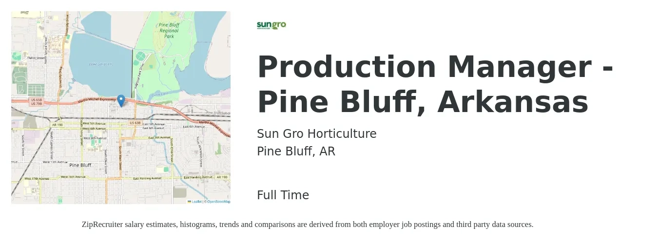 Sun Gro Horticulture job posting for a Production Manager - Pine Bluff, Arkansas in Pine Bluff, AR with a salary of $50,600 to $72,700 Yearly with a map of Pine Bluff location.