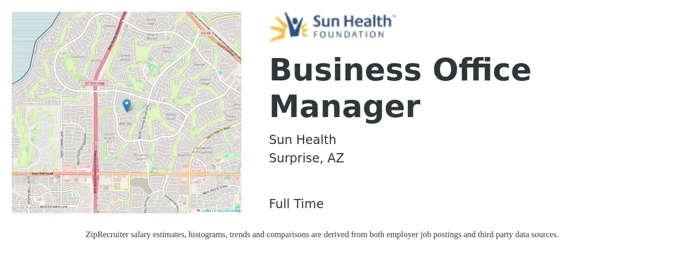 Sun Health job posting for a Business Office Manager in Surprise, AZ with a salary of $28 to $35 Hourly with a map of Surprise location.