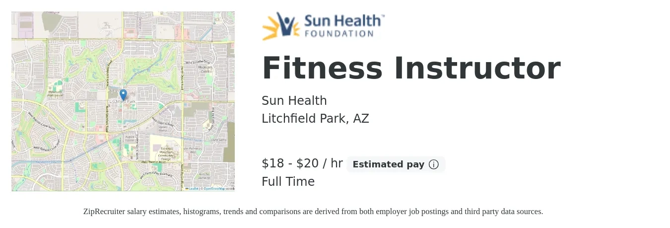 Sun Health job posting for a Fitness Instructor in Litchfield Park, AZ with a salary of $19 to $21 Hourly with a map of Litchfield Park location.