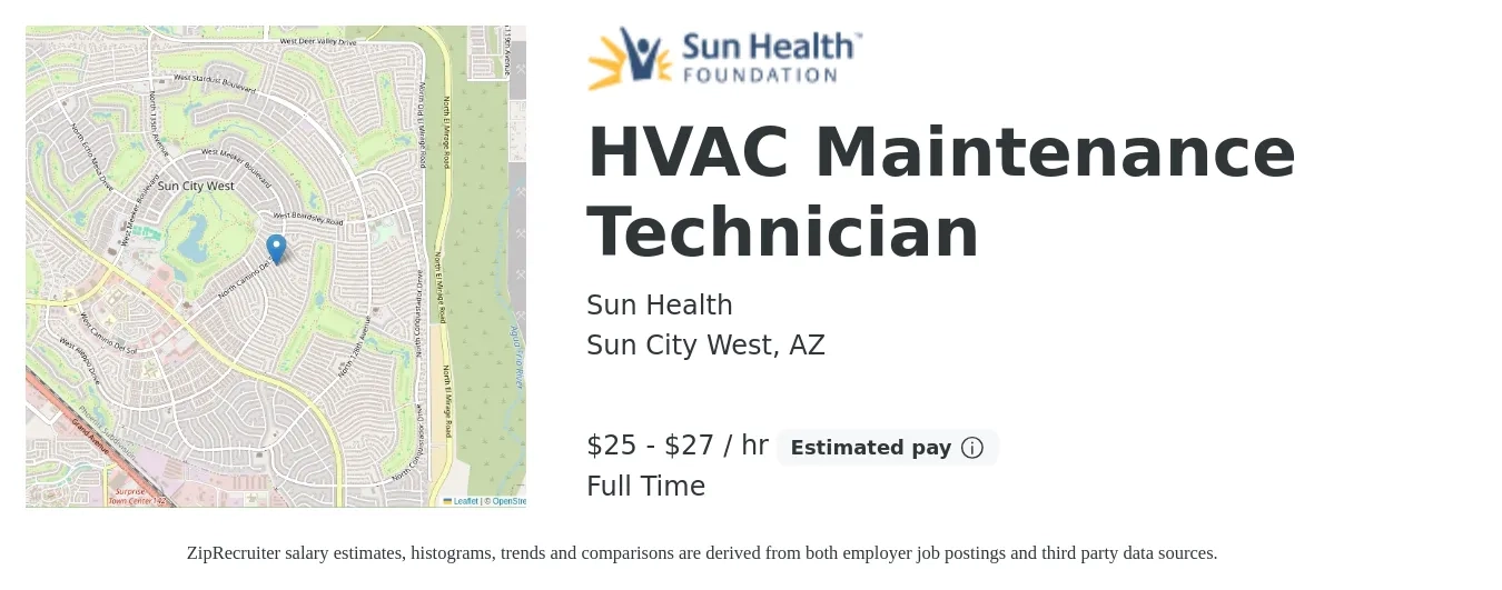 Sun Health job posting for a HVAC Maintenance Technician in Sun City West, AZ with a salary of $26 to $29 Hourly with a map of Sun City West location.