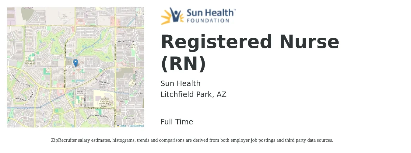 Sun Health job posting for a Registered Nurse (RN) in Litchfield Park, AZ with a salary of $38 to $47 Hourly with a map of Litchfield Park location.
