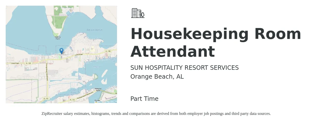 SUN HOSPITALITY RESORT SERVICES job posting for a Housekeeping Room Attendant in Orange Beach, AL with a salary of $14 to $15 Hourly with a map of Orange Beach location.