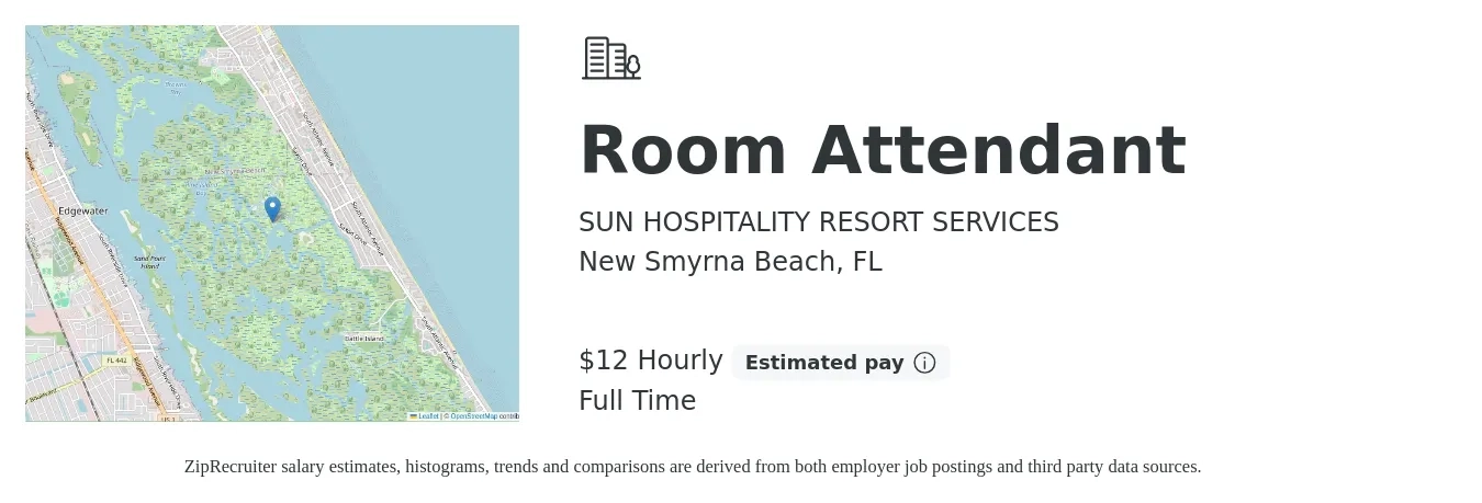 SUN HOSPITALITY RESORT SERVICES job posting for a Room Attendant in New Smyrna Beach, FL with a salary of $13 to $14 Hourly with a map of New Smyrna Beach location.