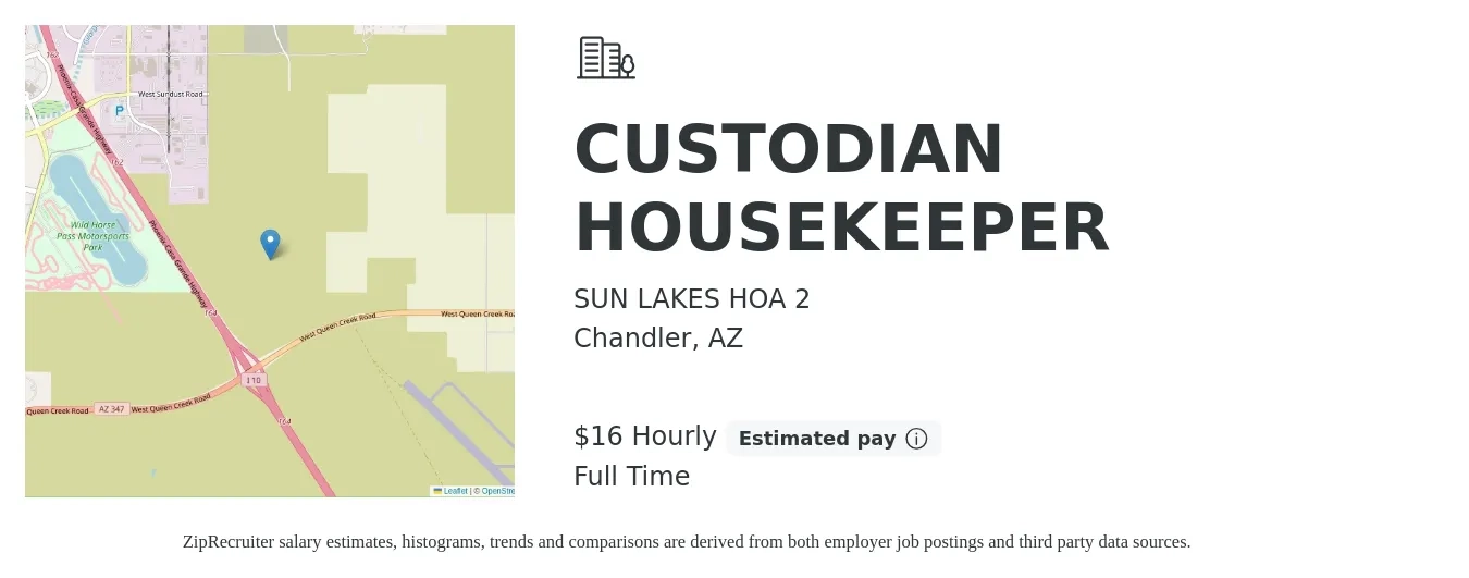 SUN LAKES HOA 2 job posting for a CUSTODIAN HOUSEKEEPER in Chandler, AZ with a salary of $17 Hourly with a map of Chandler location.