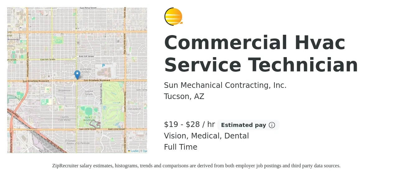 Sun Mechanical Contracting, Inc. job posting for a Commercial Hvac Service Technician in Tucson, AZ with a salary of $20 to $30 Hourly and benefits including vision, dental, life_insurance, medical, and retirement with a map of Tucson location.