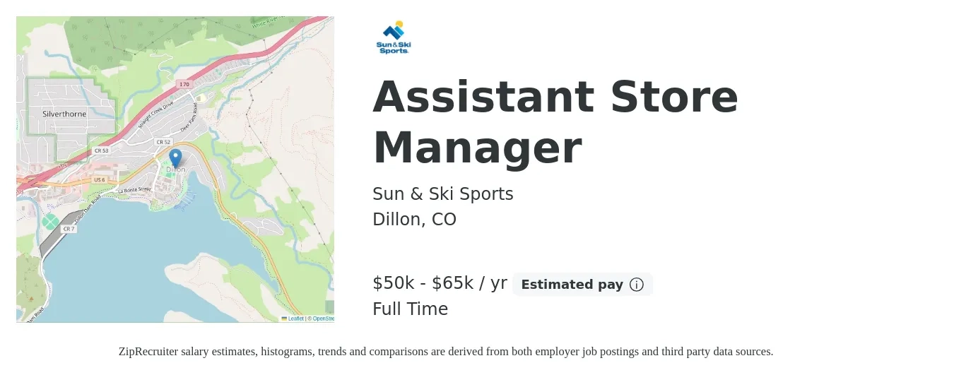 Sun & Ski Sports job posting for a Assistant Store Manager in Dillon, CO with a salary of $50,000 to $65,000 Yearly with a map of Dillon location.
