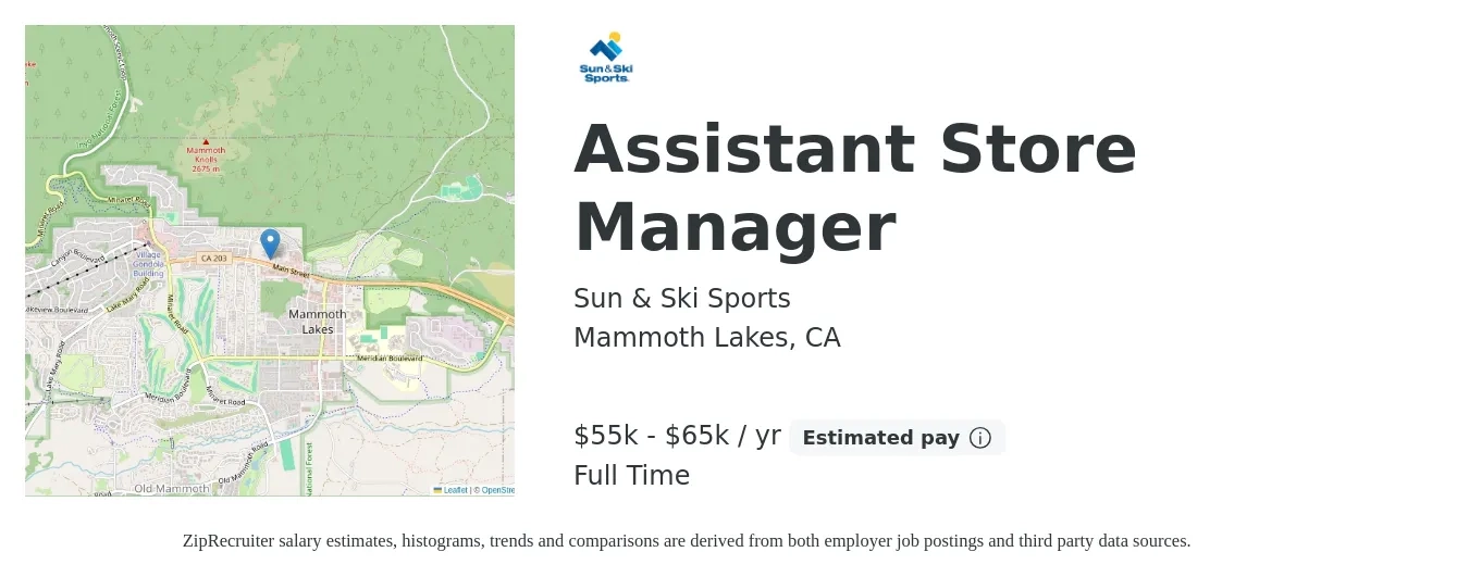 Sun & Ski Sports job posting for a Assistant Store Manager in Mammoth Lakes, CA with a salary of $55,000 to $65,000 Yearly with a map of Mammoth Lakes location.
