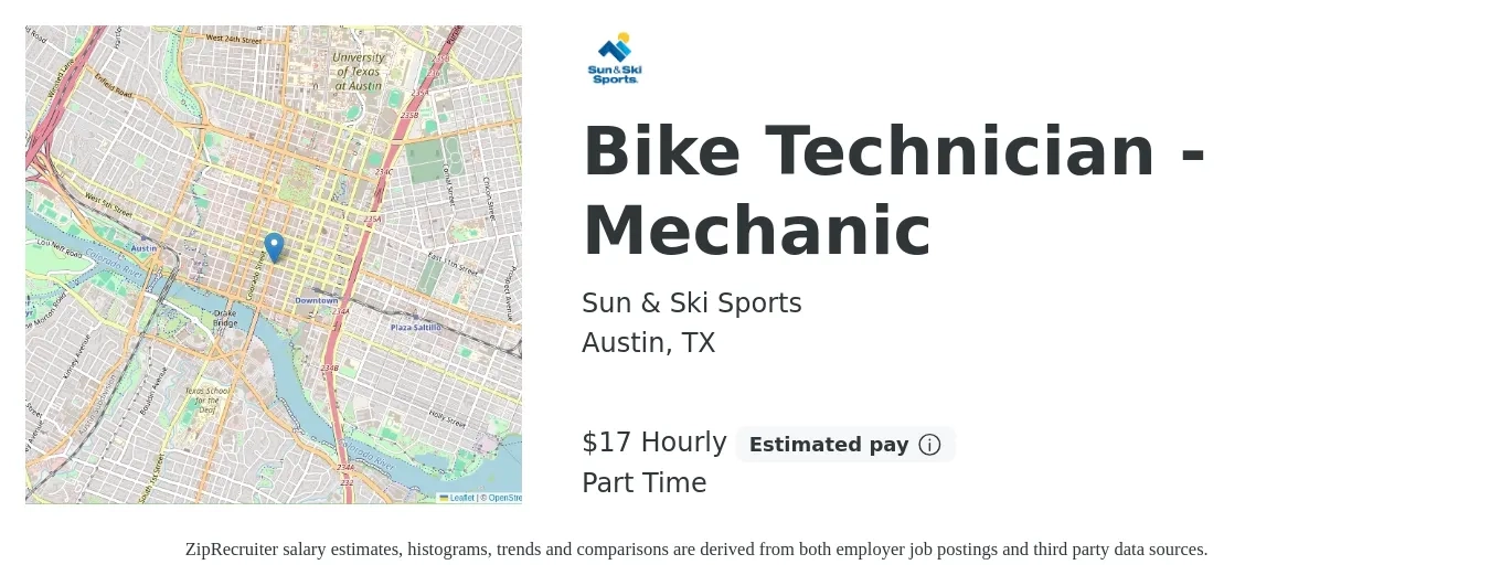 Sun & Ski Sports job posting for a Bike Technician - Mechanic in Austin, TX with a salary of $18 Hourly with a map of Austin location.