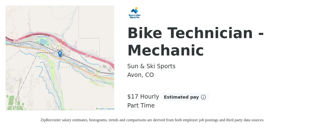 Sun & Ski Sports job posting for a Bike Technician - Mechanic in Avon, CO with a salary of $18 Hourly with a map of Avon location.