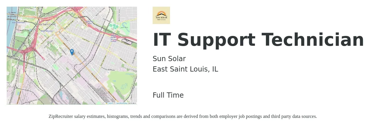Sun Solar job posting for a IT Support Technician in Springfield, MO with a salary of $18 to $25 Hourly with a map of Springfield location.