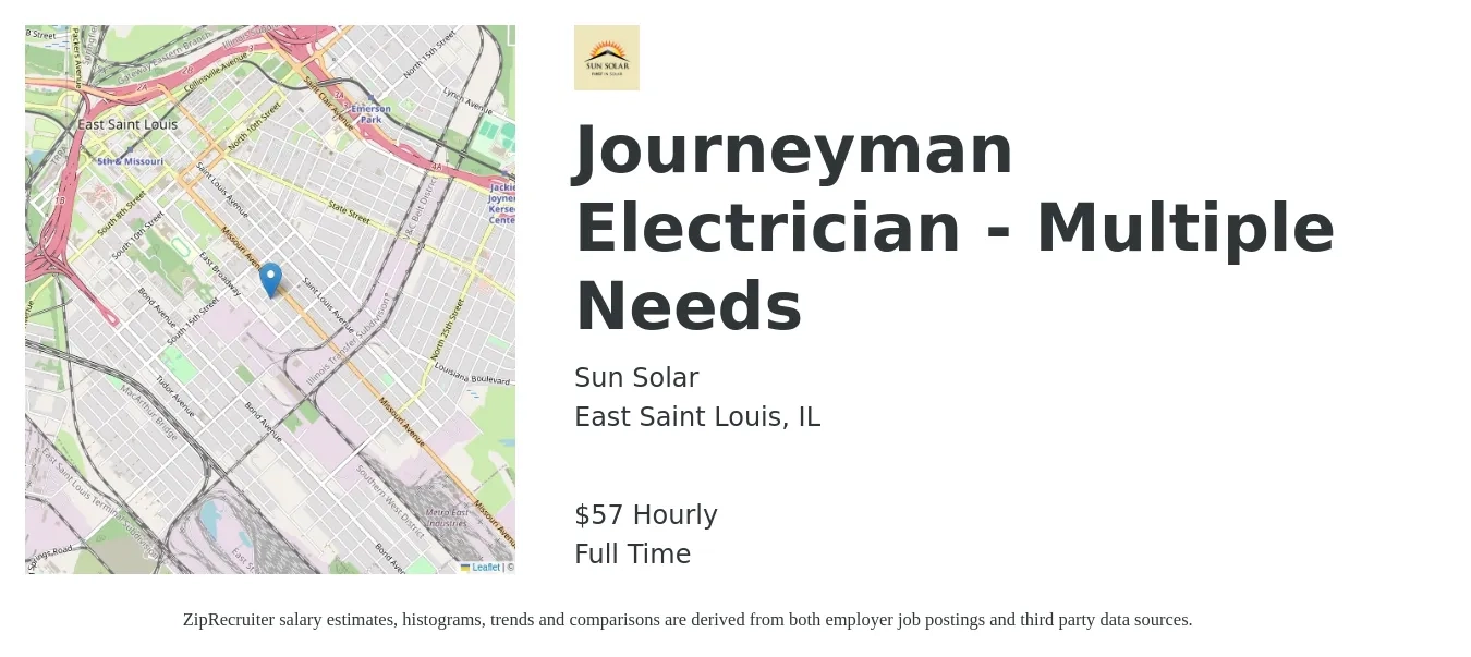 Sun Solar job posting for a Journeyman Electrician - Multiple Needs in East Saint Louis, IL with a salary of $60 Hourly with a map of East Saint Louis location.